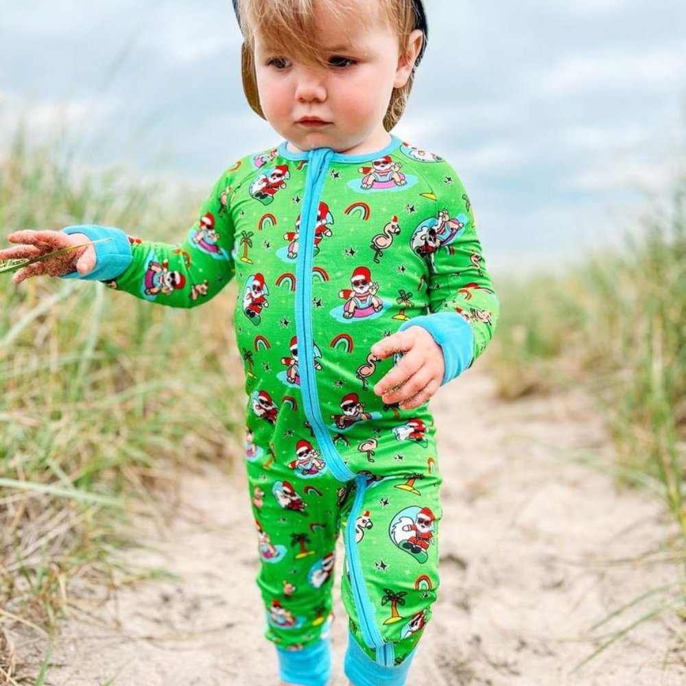 Beach Christmas Bamboo Zippy Pajama Romper | Baby Children | Tropical Santa Clau